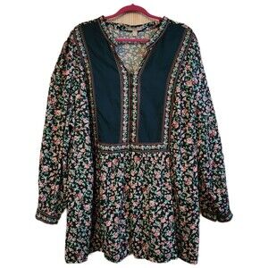 Women Within Women's Blouse Size 2X Green Yoke Floral Boho Full Button Front EUC